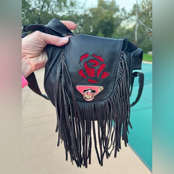 Vintage Black Leather Fringe Bag Red Rose Design - Picture 1 of 16